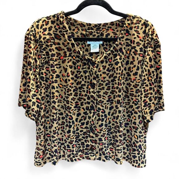 y2K White Stag Slinky Cheetah Print Crop Top Button Up Bouse size L - Picture 4 of 8